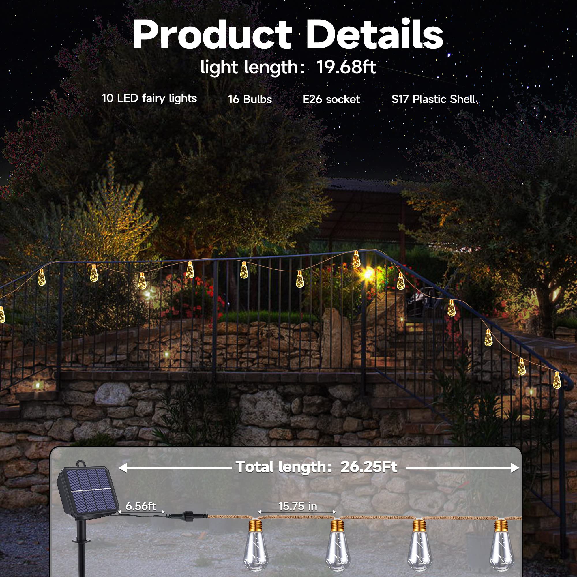 Geemoo Solar Fairy Lights Outdoor Garden - 8M 160 LED Solar String Lights Waterproof, Hemp Rope Solar Festoon Lights with 16 LED Shatterproof Bulbs for Patio, Party, Yard, Xmas Decoration (Warm White)